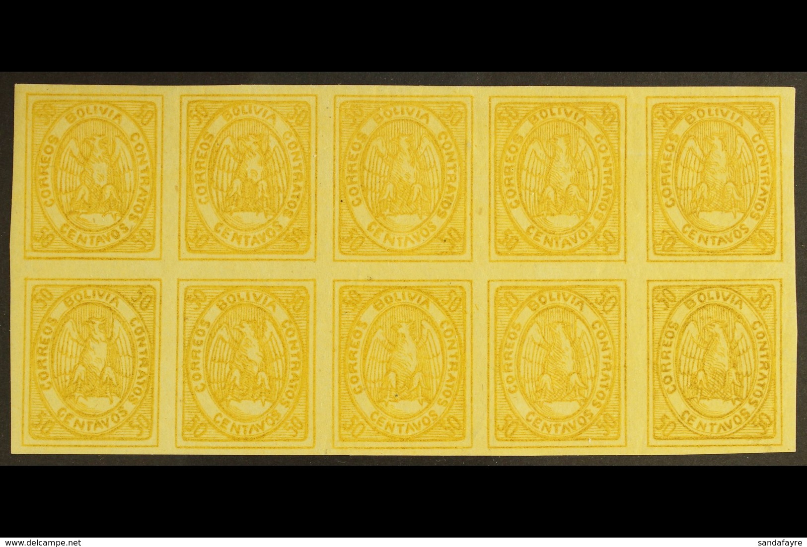 1867-68 50c Yellow Condor (SG 8, Scott 5), Very Fine Mint (most Stamps Never Hinged) BLOCK Of 10 (5x2), All Stamps With  - Bolivia