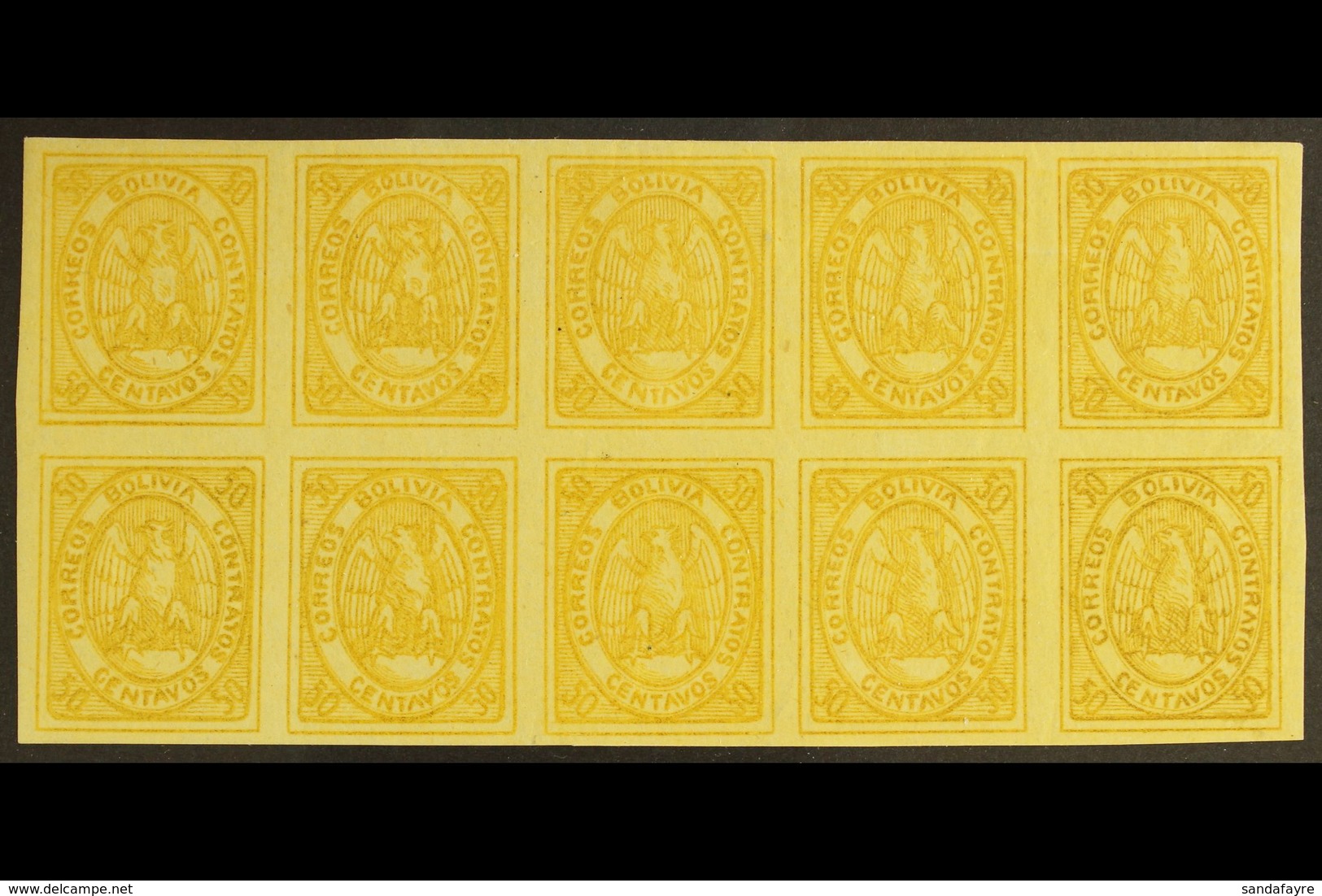 1867-68 50c Yellow Condor (SG 8, Scott 5), Very Fine Mint (most Stamps Never Hinged) BLOCK Of 10 (5x2), All Stamps With  - Bolivien