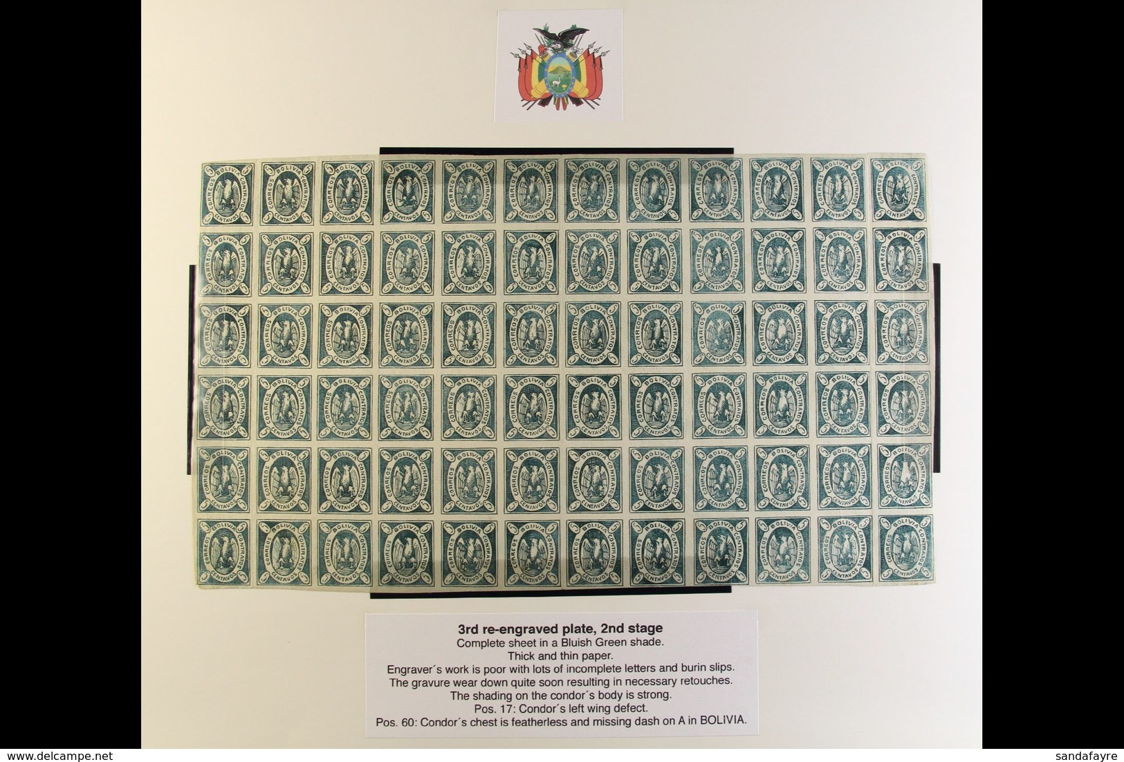 1867-68 5c Bluish Green Condor COMPLETE MINT SHEET Of The 3rd Re-engraved Plate Of The 2nd Stage, Lovely Fresh Condition - Bolivia