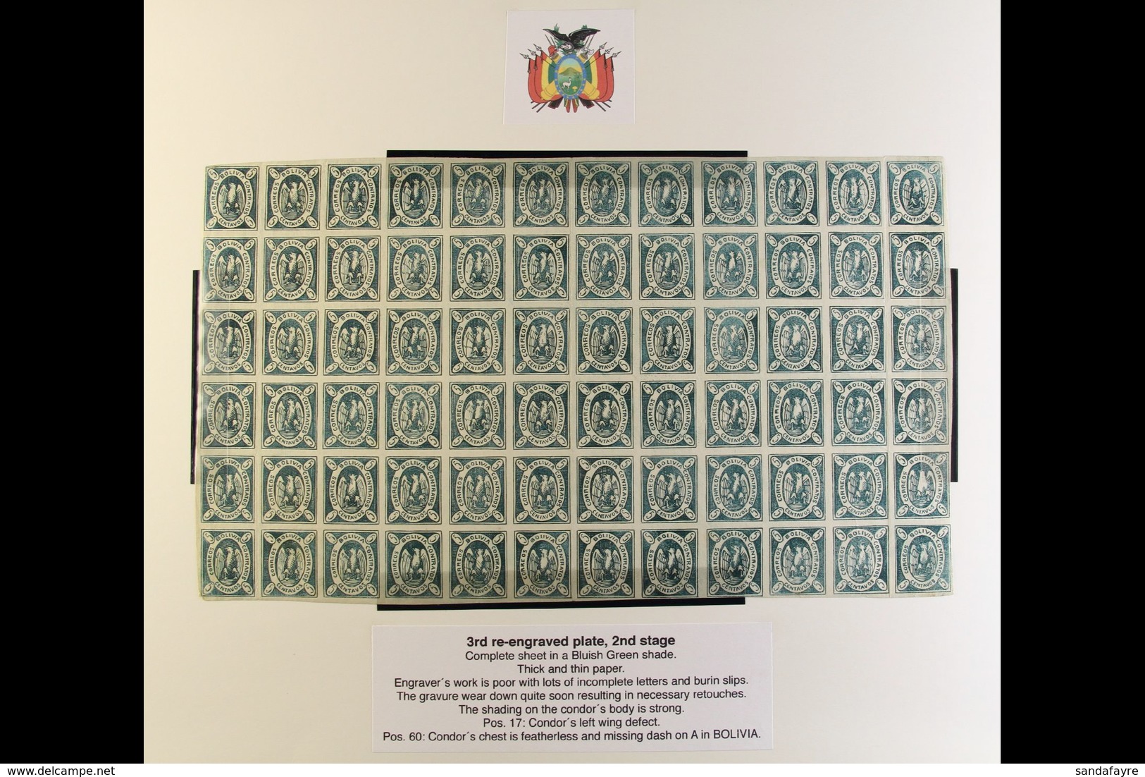 1867-68 5c Bluish Green Condor COMPLETE MINT SHEET Of The 3rd Re-engraved Plate Of The 2nd Stage, Lovely Fresh Condition - Bolivien