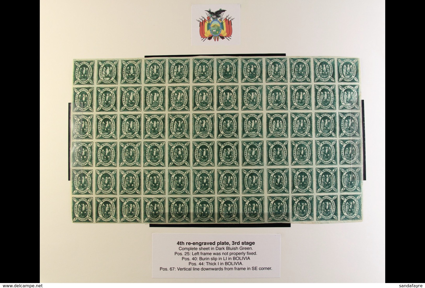 1867-68 5c Dark Bluish Green Condor COMPLETE MINT SHEET Of The 4th Re-engraved Plate Of The 3rd Stage, Lovely Fresh Cond - Bolivia