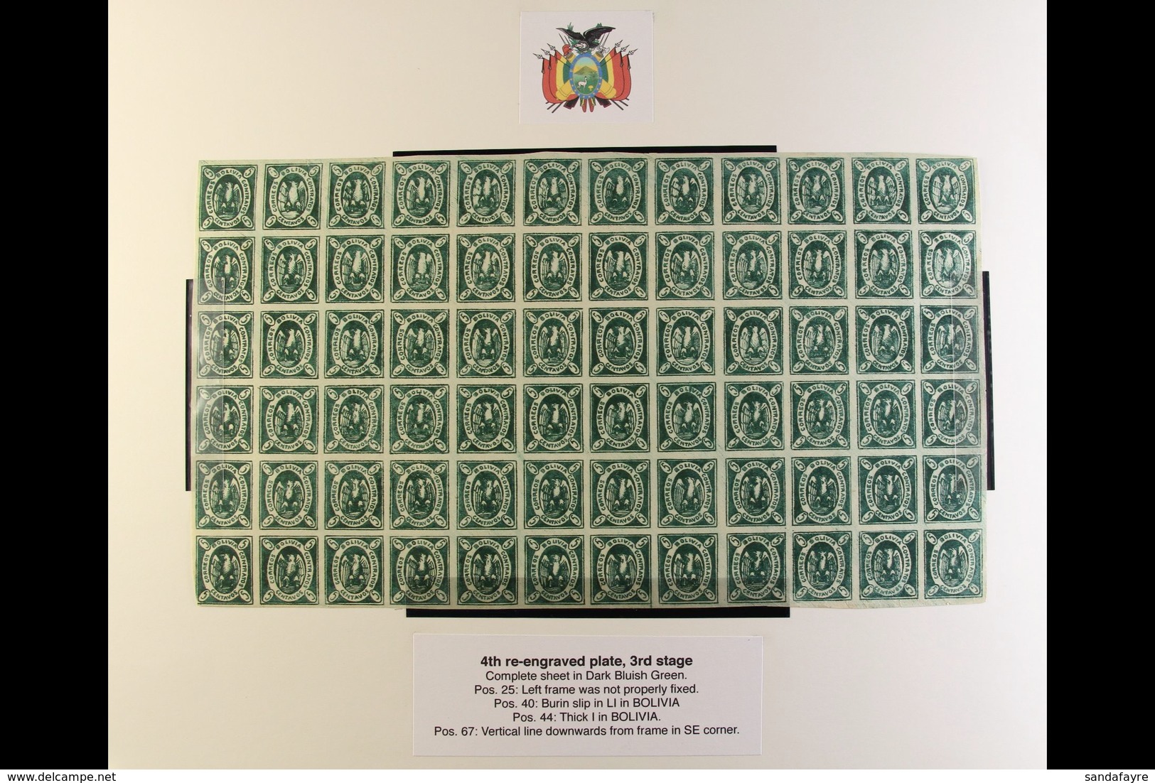 1867-68 5c Dark Bluish Green Condor COMPLETE MINT SHEET Of The 4th Re-engraved Plate Of The 3rd Stage, Lovely Fresh Cond - Bolivien