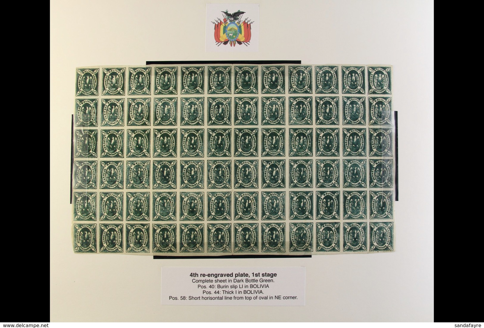 1867-68 5c Dark Bottle Green Condor COMPLETE MINT SHEET Of The 4th Re-engraved Plate Of The 1st Stage, Lovely Fresh Cond - Bolivia