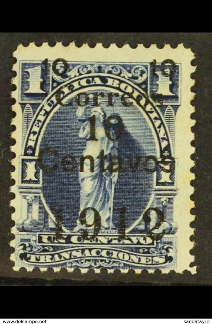 1912 10c On 1c Blue With BLACK SURCHARGE Variety (Scott 101d, SG 129b), Fine Mint, Expertized A.Roig & Kneitschel, Fresh - Bolivia