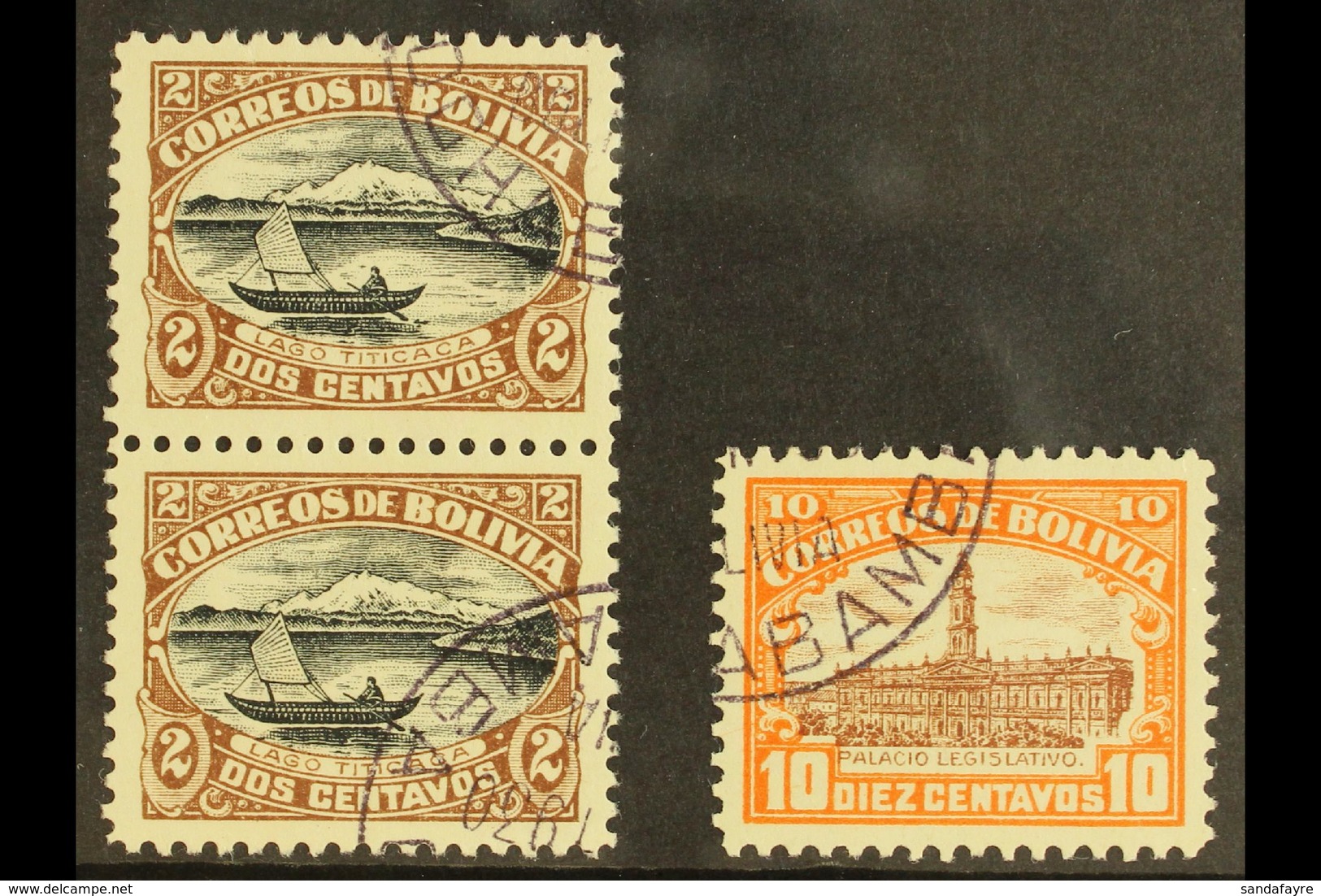 1916-17 PERFORATED COLOUR PROOFS. 2c Brown & Black Lake Titicaca Vertical Pair (Scott 113) And 10c Brown & Orange Parlia - Bolivien