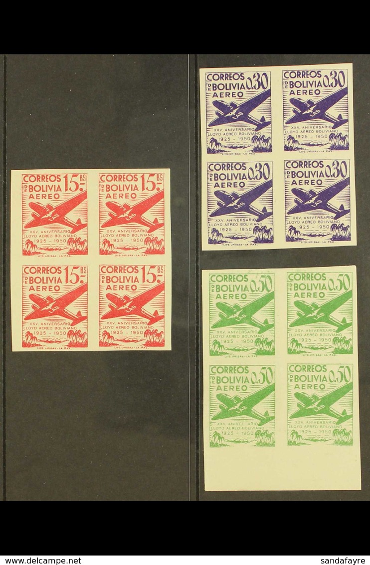 1950 30c, 50c & 15b Air Lloyd Aero Boliviano Anniv Never Hinged Mint IMPERF BLOCKS Of 4 (as Scott C131/32 & C135). 50c & - Bolivien