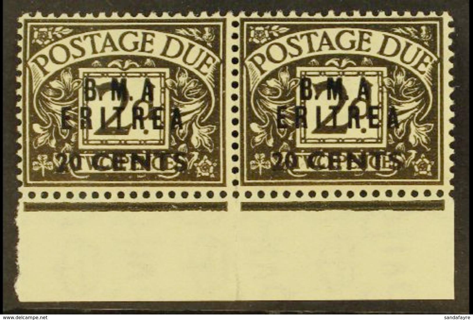 ERITREA POSTAGE DUES 1948 20c On 2d Agate, Horizontal Pair Both Showing Variety "No Stop After A", SG ED 3a, Very Fine M - Italian Eastern Africa