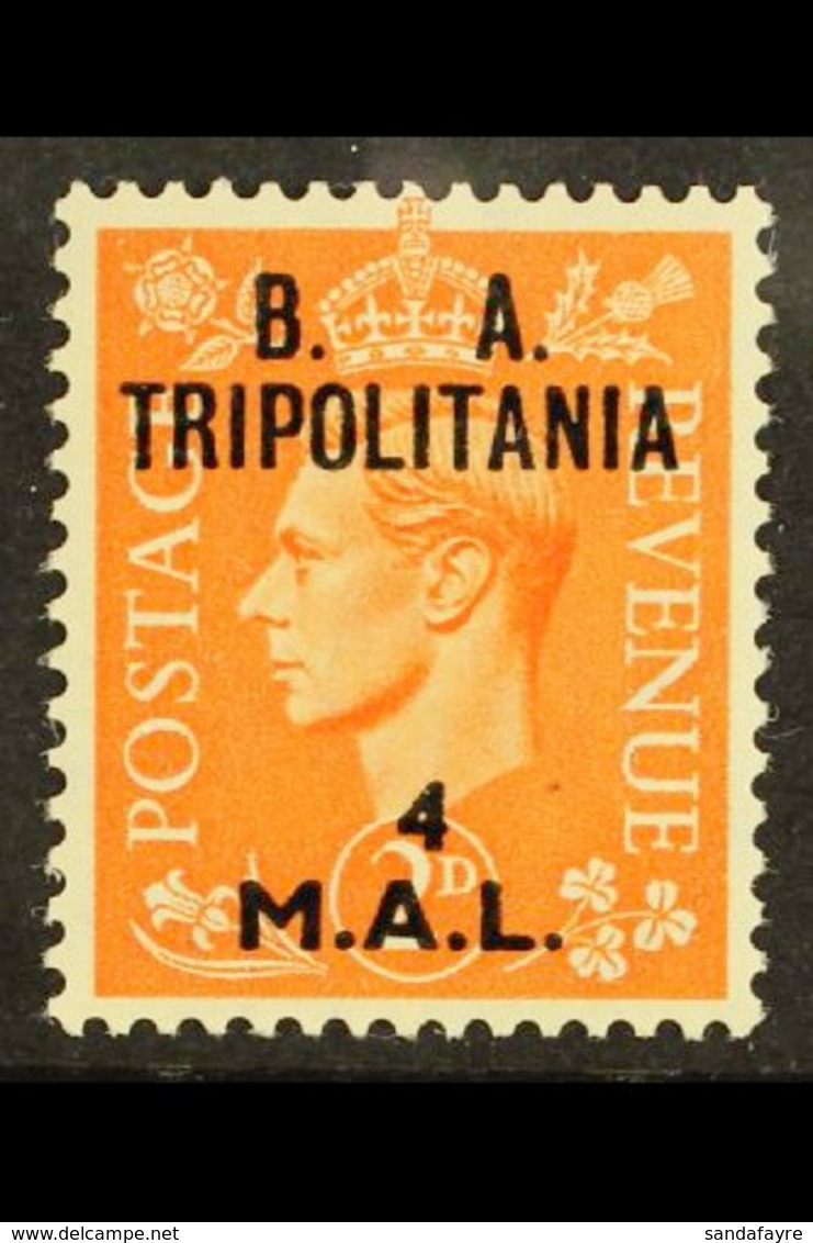 TRIPOLITANIA 1950 4l On 2d Orange, Variety "Misaligned Surch", SG T17a, Very Fine Mint. Scarce. For More Images, Please  - Italienisch Ost-Afrika