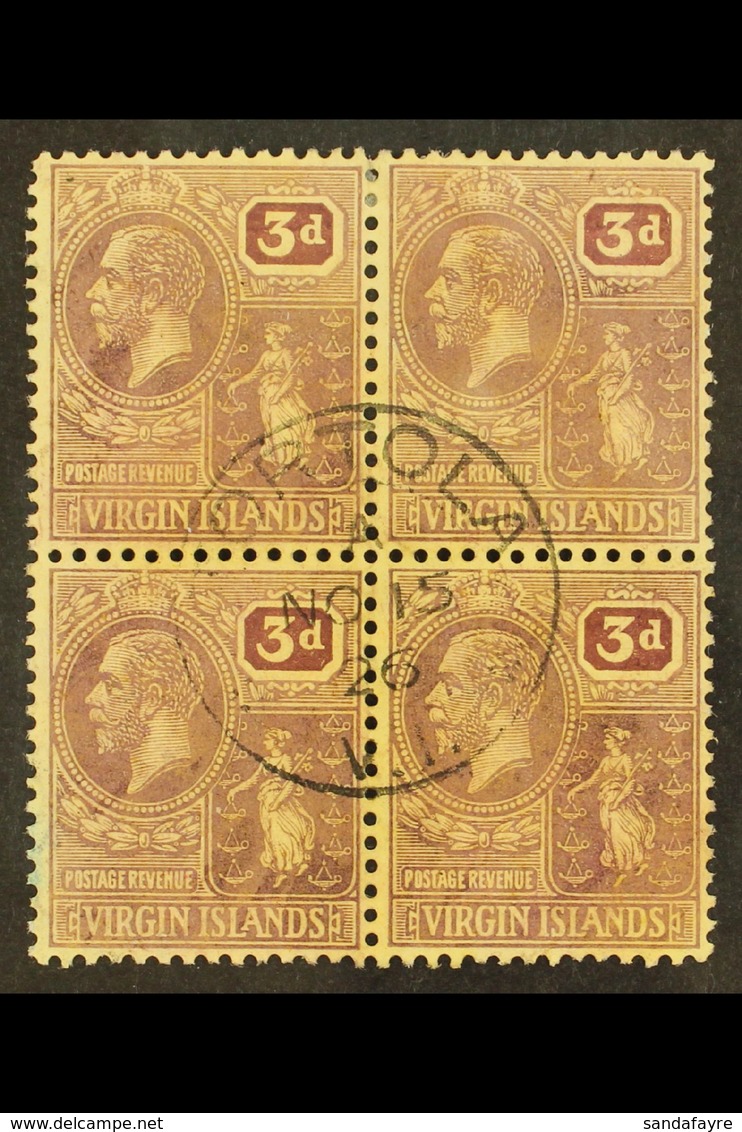 1922 3d Purple/pale Yellow, SG 82, Attractive Block Of 4 Bearing A Neat Central "Tortola" (Road Town Island) Cds. Lovely - British Virgin Islands