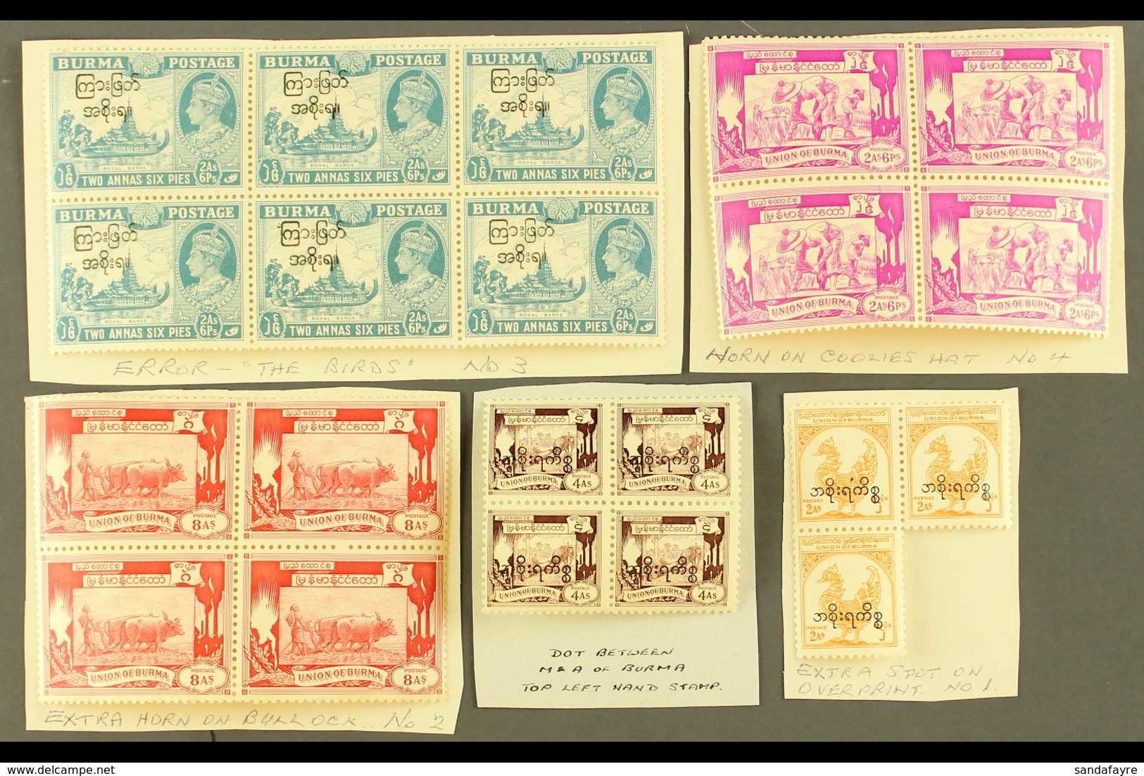 PLATE FLAWS AND VARIETIES Selection Of 1947 - 1951 Interim Govt Overprints And Independence Issues In Blocks Or Multiple - Burma (...-1947)