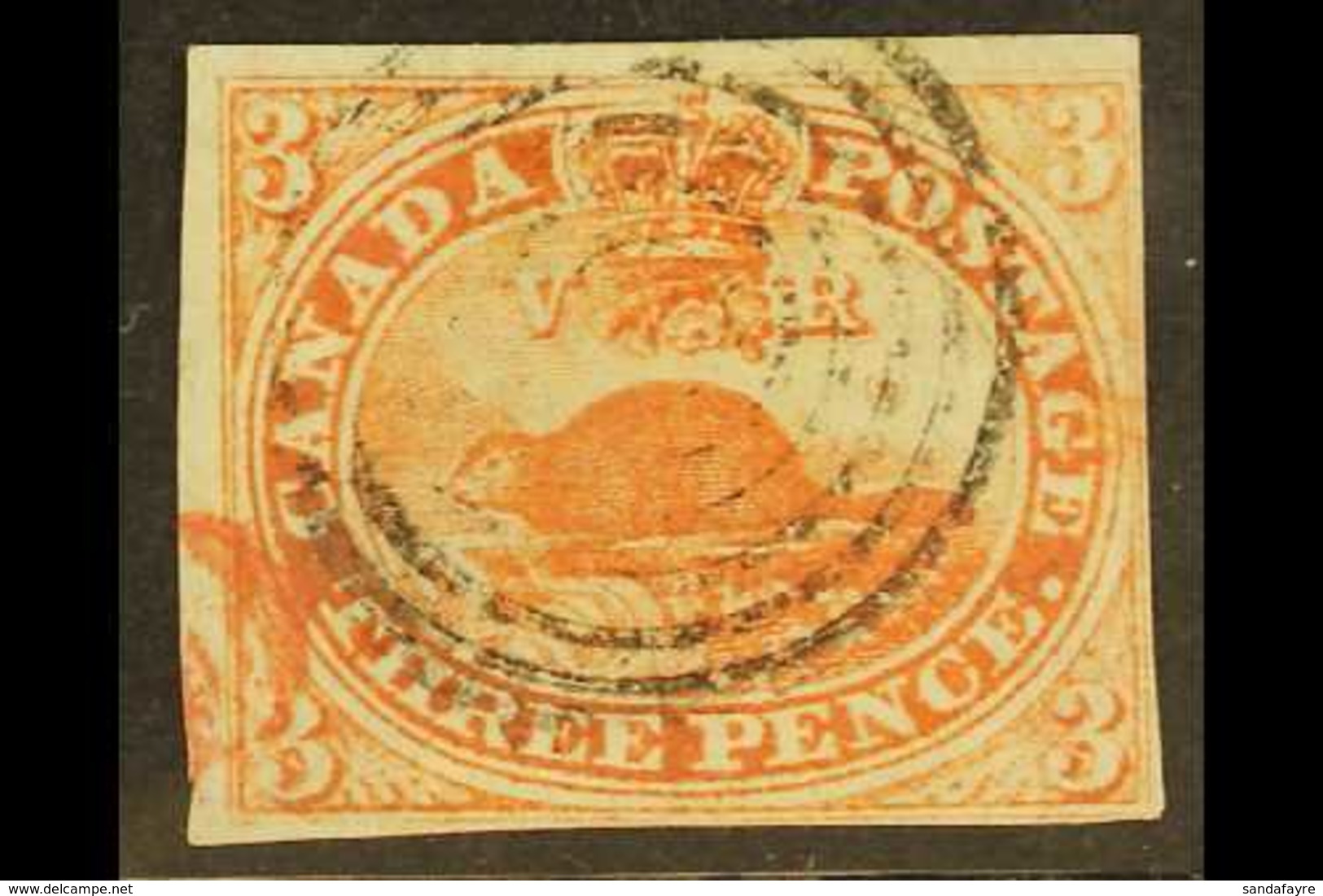 1851 3d Orange-vermilion Beaver On Laid Paper, SG 1a, Four Clear To Good Margins, Neat Target Cancel. For More Images, P - Sonstige & Ohne Zuordnung