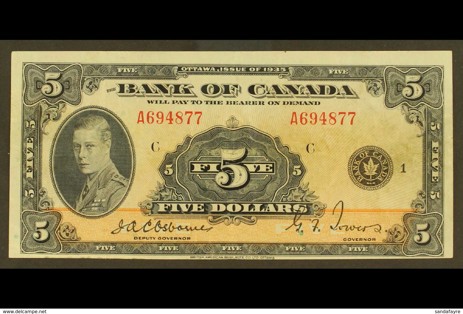 1935 KING EDWARD VIII BANKNOTE BANK OF CANADA $5 Black And Orange, English Text, Series C, Fine/ Very Fine Condition. Fo - Andere & Zonder Classificatie