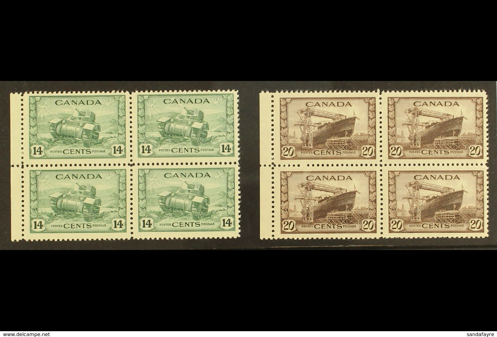 1942-43 War Effort 14c Dull Green And 20c Chocolate, SG 385/86, Marginal Blocks Of Four, Never Hinged Mint. (2 Blocks =  - Sonstige & Ohne Zuordnung