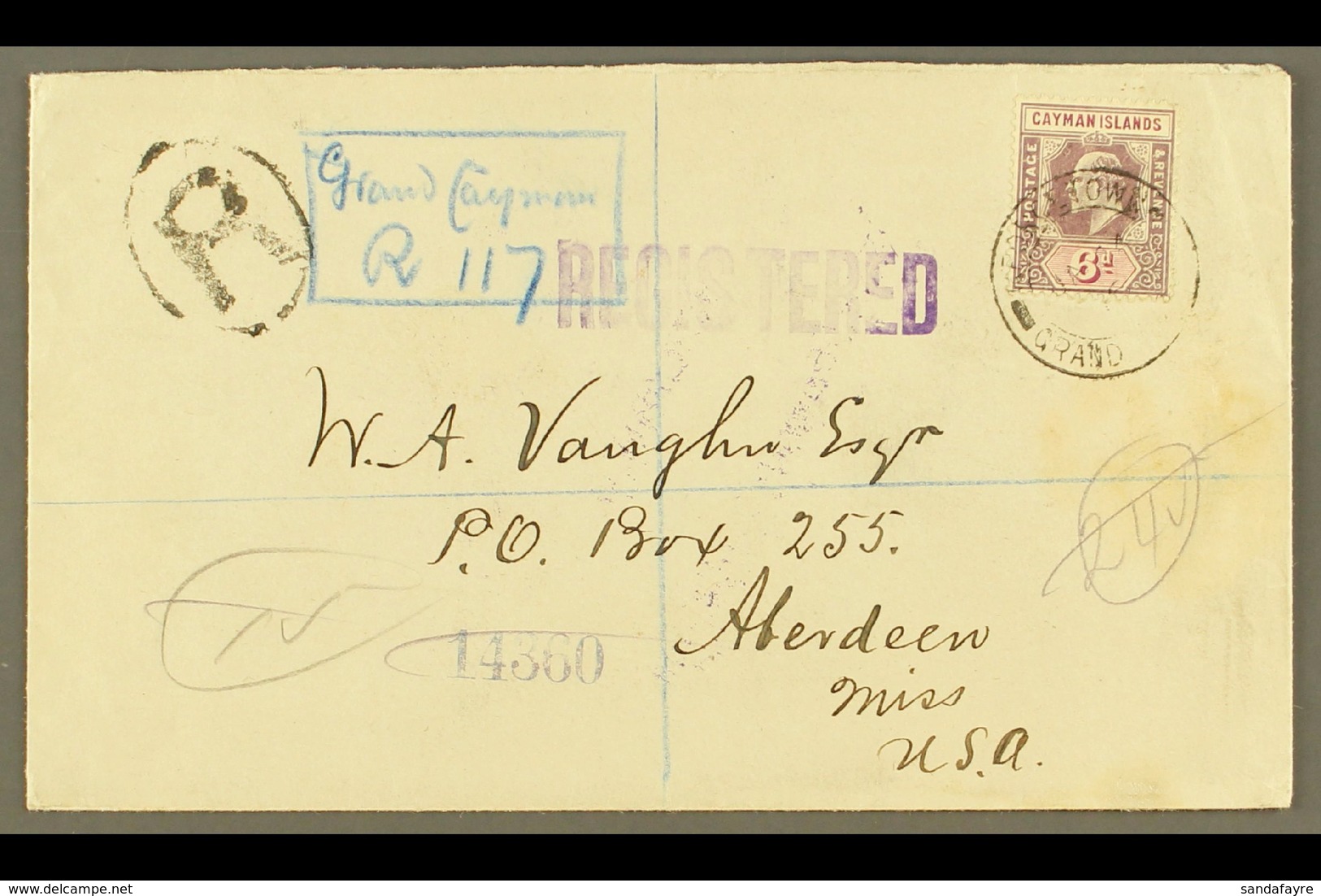 1916 (24 Jan) Registered Cover To USA, Bearing 1907-09 6d Stamp (SG 30) Tied By "George Town" Cds, With Registration Cac - Cayman (Isole)