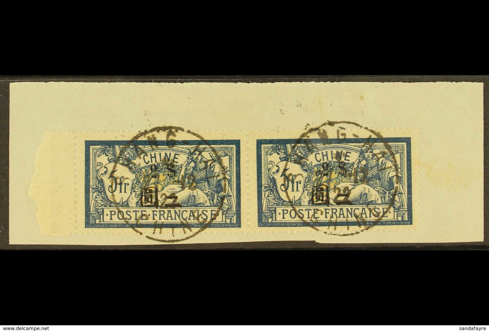 FRENCH OFFICES 1911 - 21 $2 On 5fr Deep Blue And Buff, SG 91, Horizontal Marginal Pair Tied On Piece By Shanghai Cds Can - Sonstige & Ohne Zuordnung