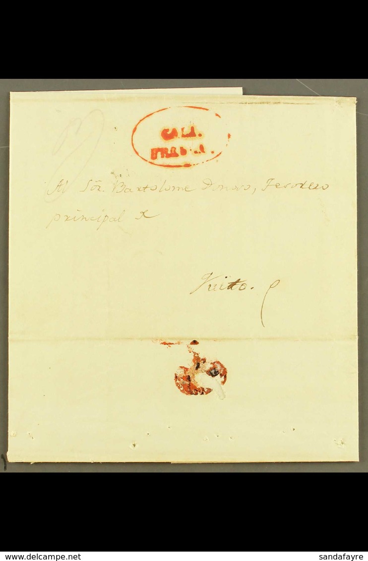 1845 STAMPLESS ENTIRE LETTER From Cali To Quito With Oval "CALI / FRANCA" Postmark In Red At The Top Front Side. For Mor - Kolumbien