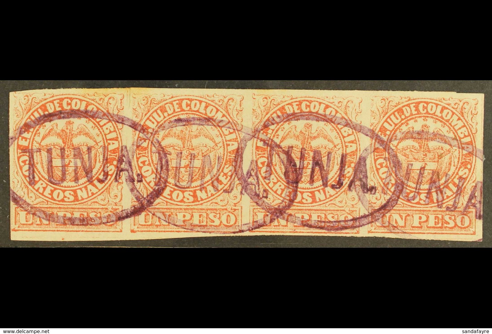 1868 1p Rose-red, Type I, Scott 57b, A Fine Used STRIP OF FOUR With Good Margins And With Four Oval "TUNGA" Cancels In V - Kolumbien
