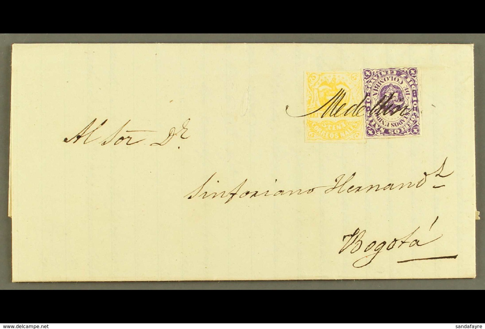 1872 (3 SEP) ENTIRE LETTER From Medellin To Bogota Bearing 1868 10c Violet Type II, Scott 54c, And 1870 5c Yellow, Scott - Kolumbien