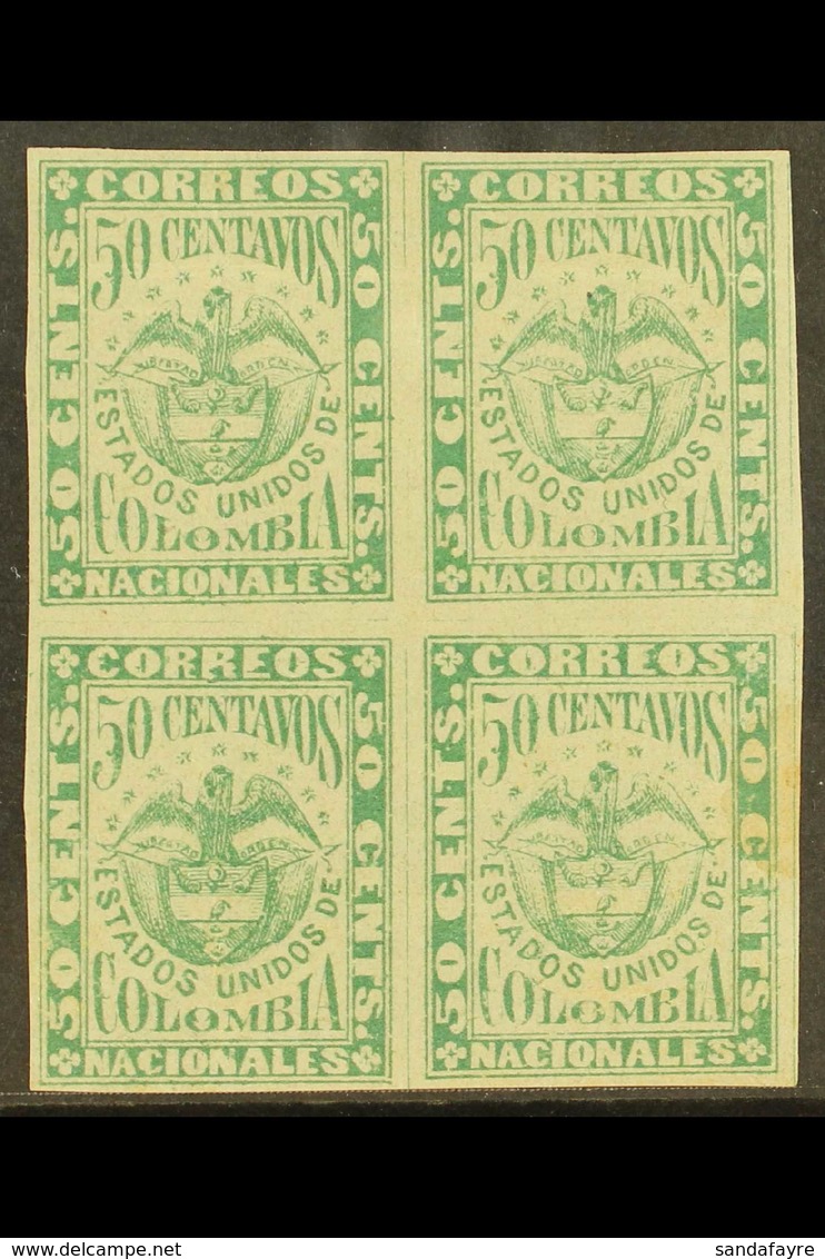 1879 50c Green On Laid Paper, Scott 83, A Mint BLOCK OF FOUR With Good Margins All Round, Some Creasing And A Tone Mark  - Colombia