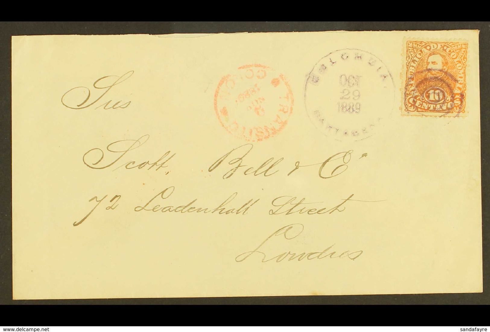 1889 COVER TO ENGLAND Bearing 1886 10c Orange Tied By Cartegena Violet Duplex Of OCT 29, 1889, Red "TRANSITO / COLON" Al - Kolumbien