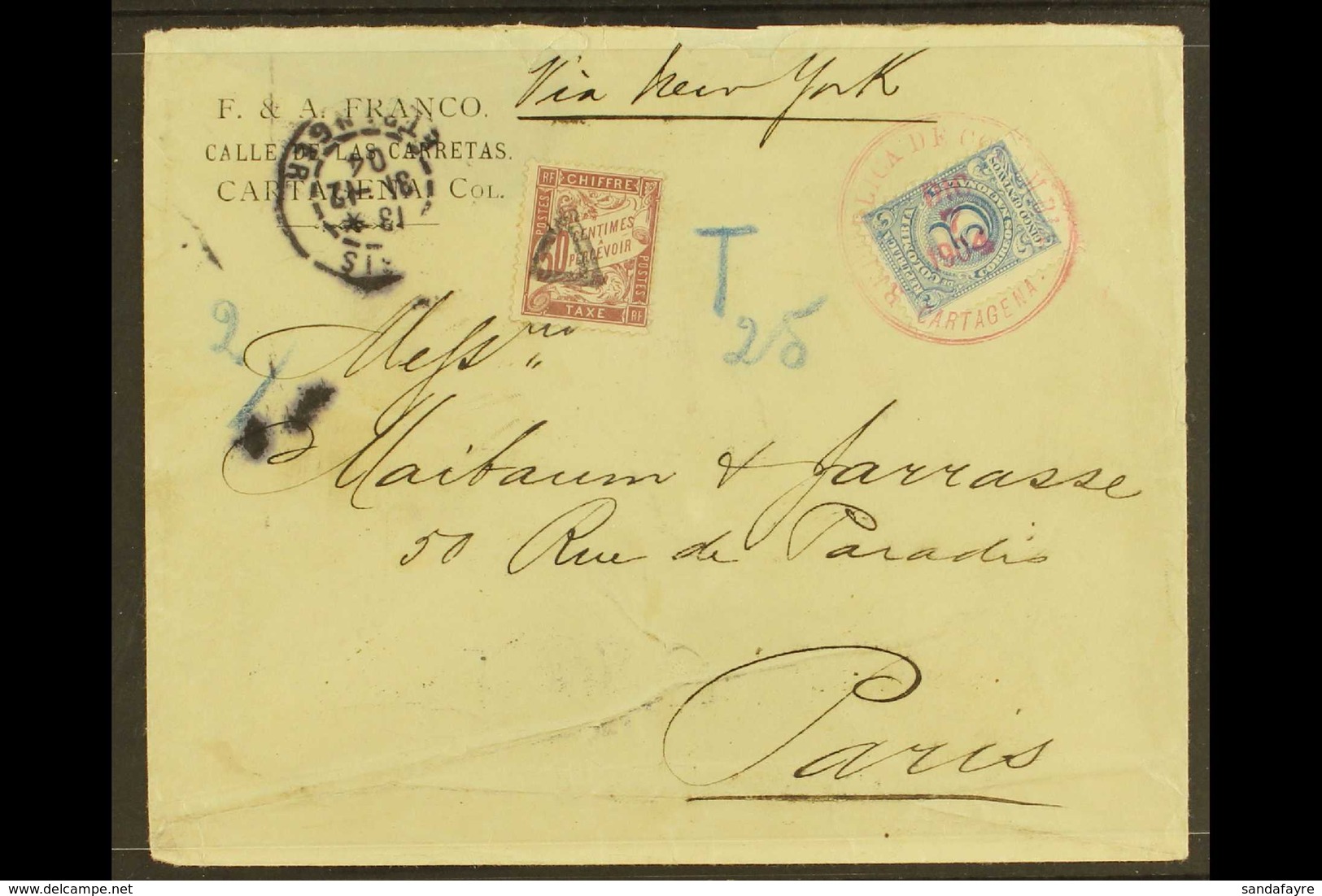 1904 POSTAGE DUE COVER TO PARIS Bearing 5c Blue Tied By "REPUBLICA DE COLOMBIA / CARTAGENA" Cds In Red Of DIC 7, 1904, A - Kolumbien