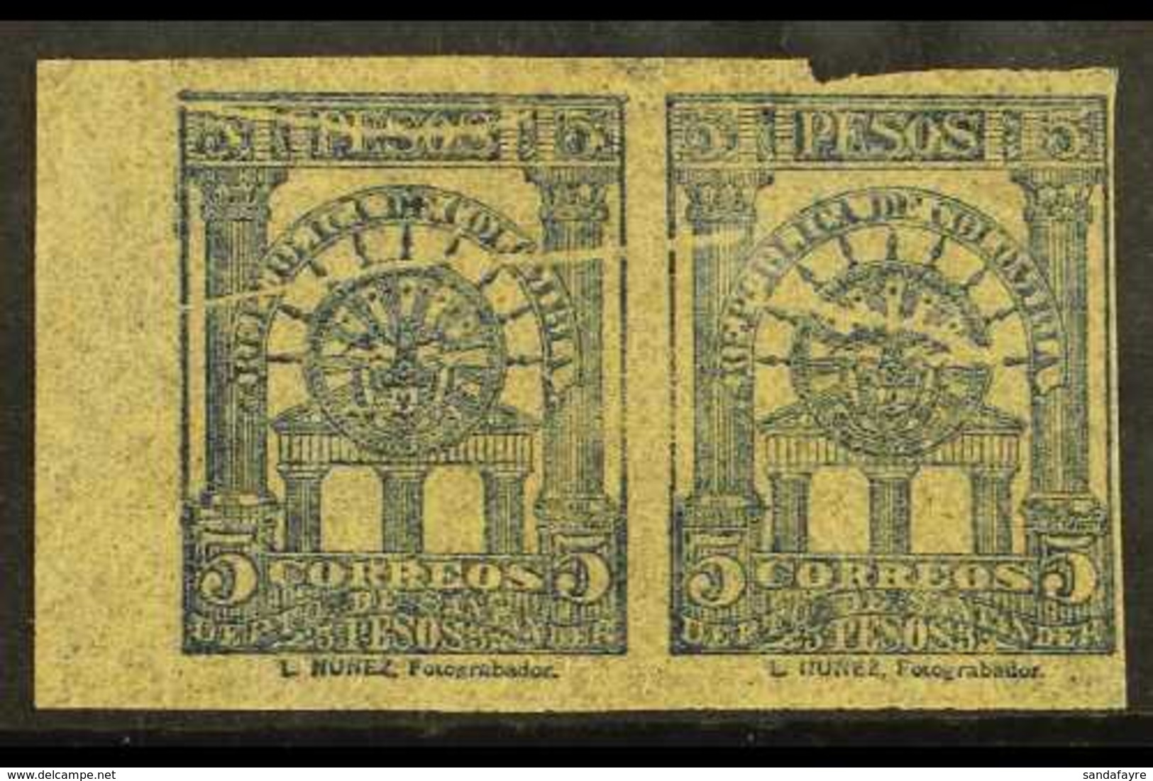 SANTANDER 1905 5 Peso Dark Blue, Imperf Pair On Onion Skin Paper, As Scott 28, Fine Mint Pair For More Images, Please Vi - Colombia