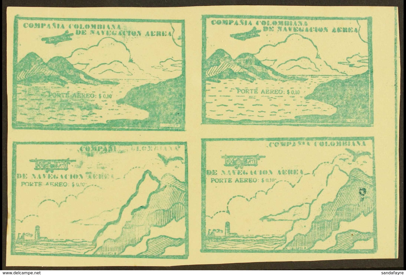 SCADTA 1920 10c Green Marginal Imperf SE-TENANT BLOCK Of 4 (positions 17/18 & 23/24), Containing Two 'Sea And Mountain'  - Colombia