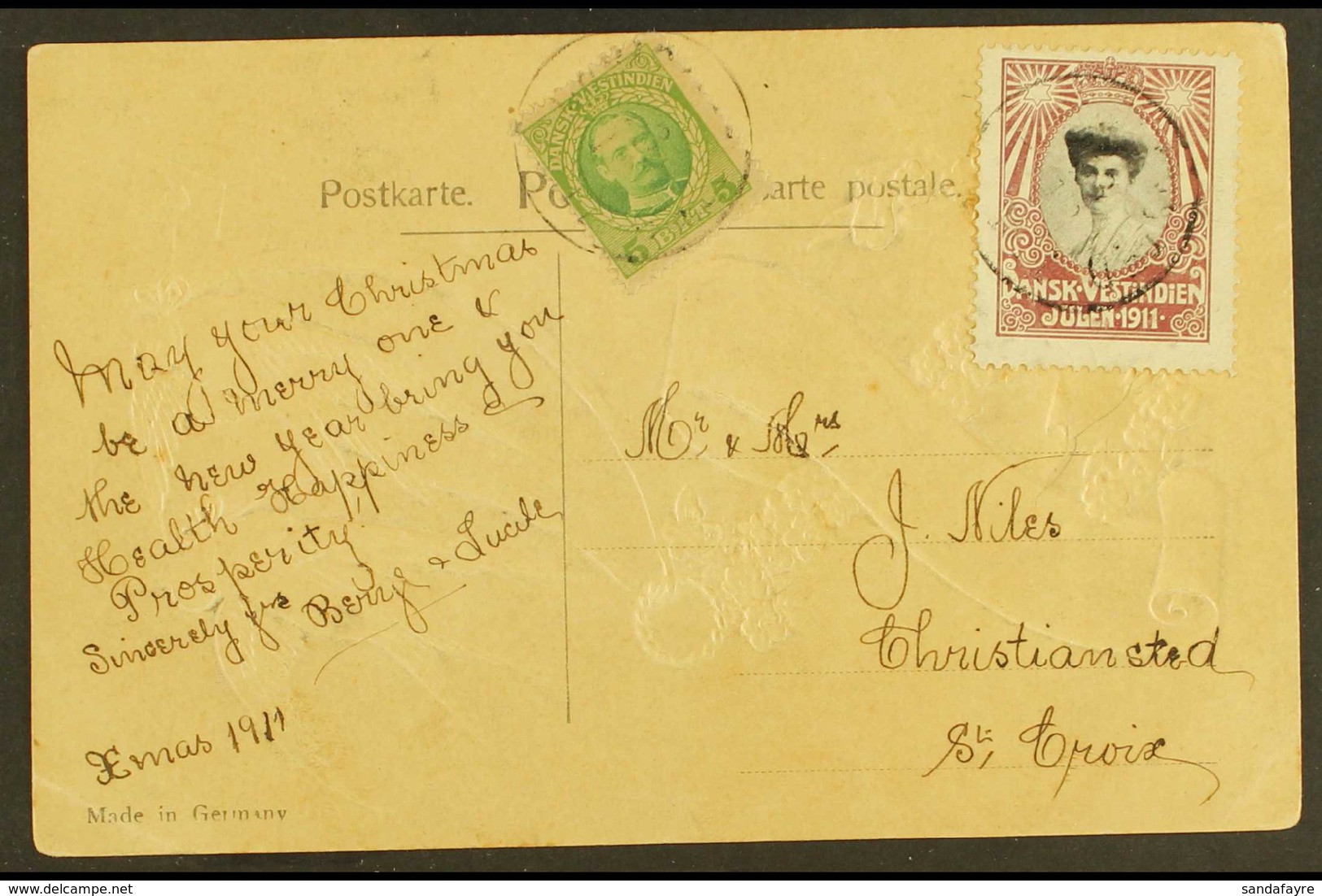 1911 CHRISTMAS SEAL USED ON POSTCARD 1911 Locally Addressed Embossed "Good Wishes" Postcard Bearing 5b Green Frederik VI - Dänisch-Westindien