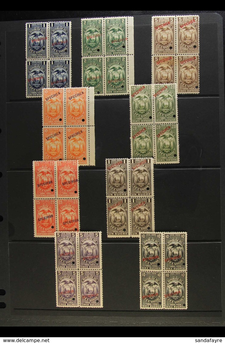 REVENUE STAMPS - SPECIMEN OVERPRINTS 1919-20 "Timbre Fiscal" Complete Set (1c To 10s) In NEVER HINGED MINT BLOCKS OF FOU - Ecuador