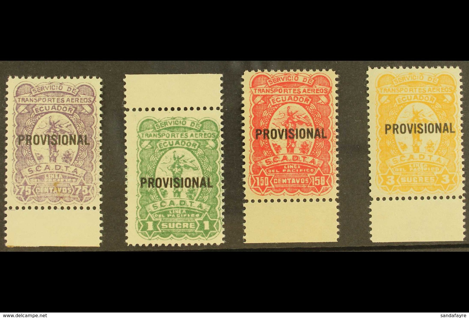 SCADTA UNISSUED STAMPS 1928 75c Lilac, 150c Green, 1s Red & 3s Yellow With "PROVISIONAL" Overprints, Never Hinged Mint M - Equateur