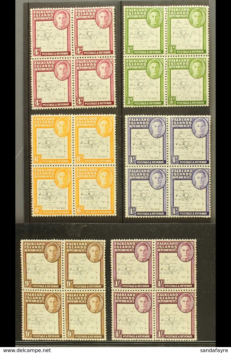 1946-49 VARIETIES. ½d, 1d, 4d, 6d, 9d & 1s Thin Map (SG G9/10 & G13/16) Never Hinged Mint BLOCKS Of 4, Each With The Upp - Falklandinseln