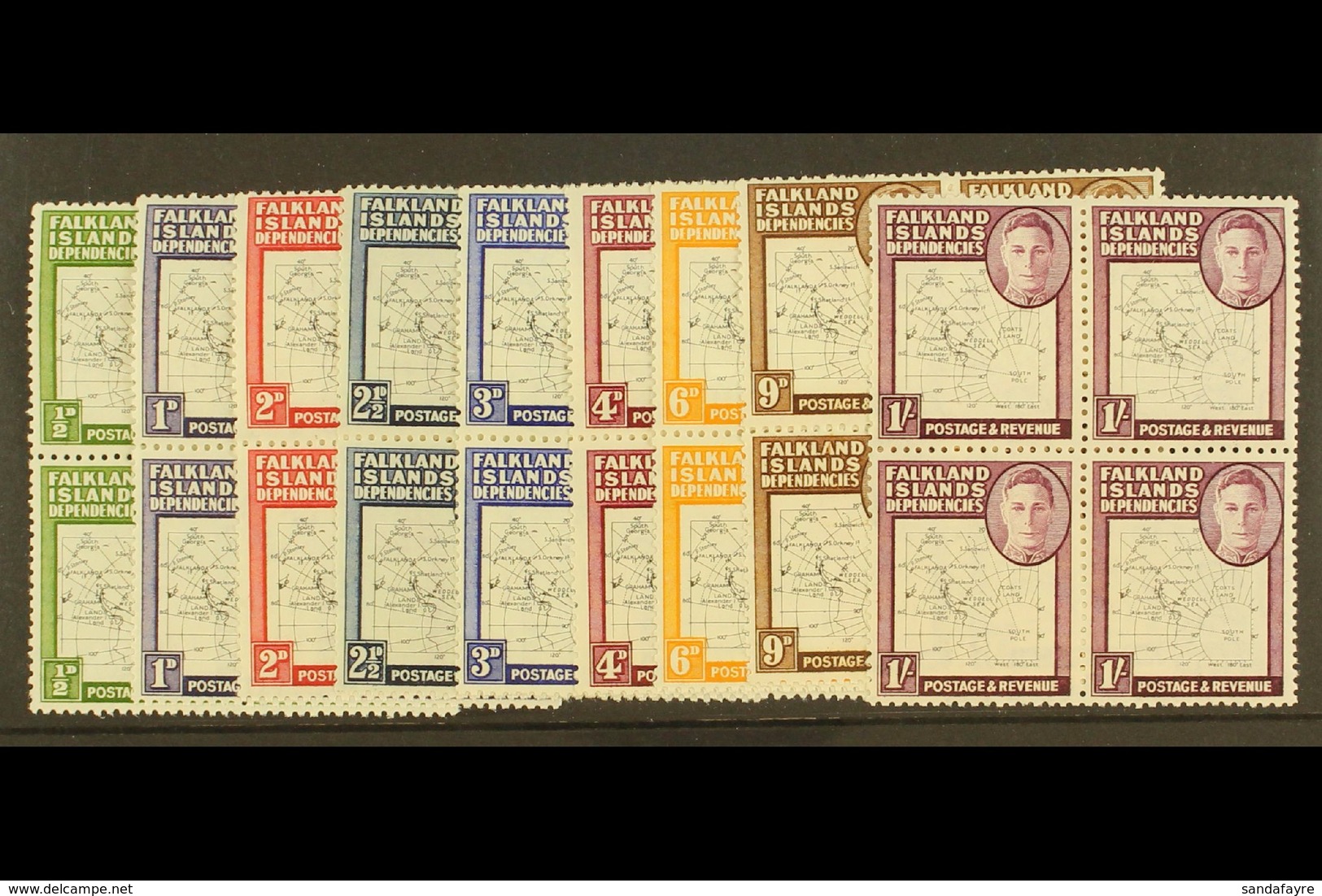 1948 Thin Map Set Complete In Blocks Of 4 With One Stamp In Each Block Showing The Variety "Dot In T", SG G9a/16a, Very  - Falklandinseln