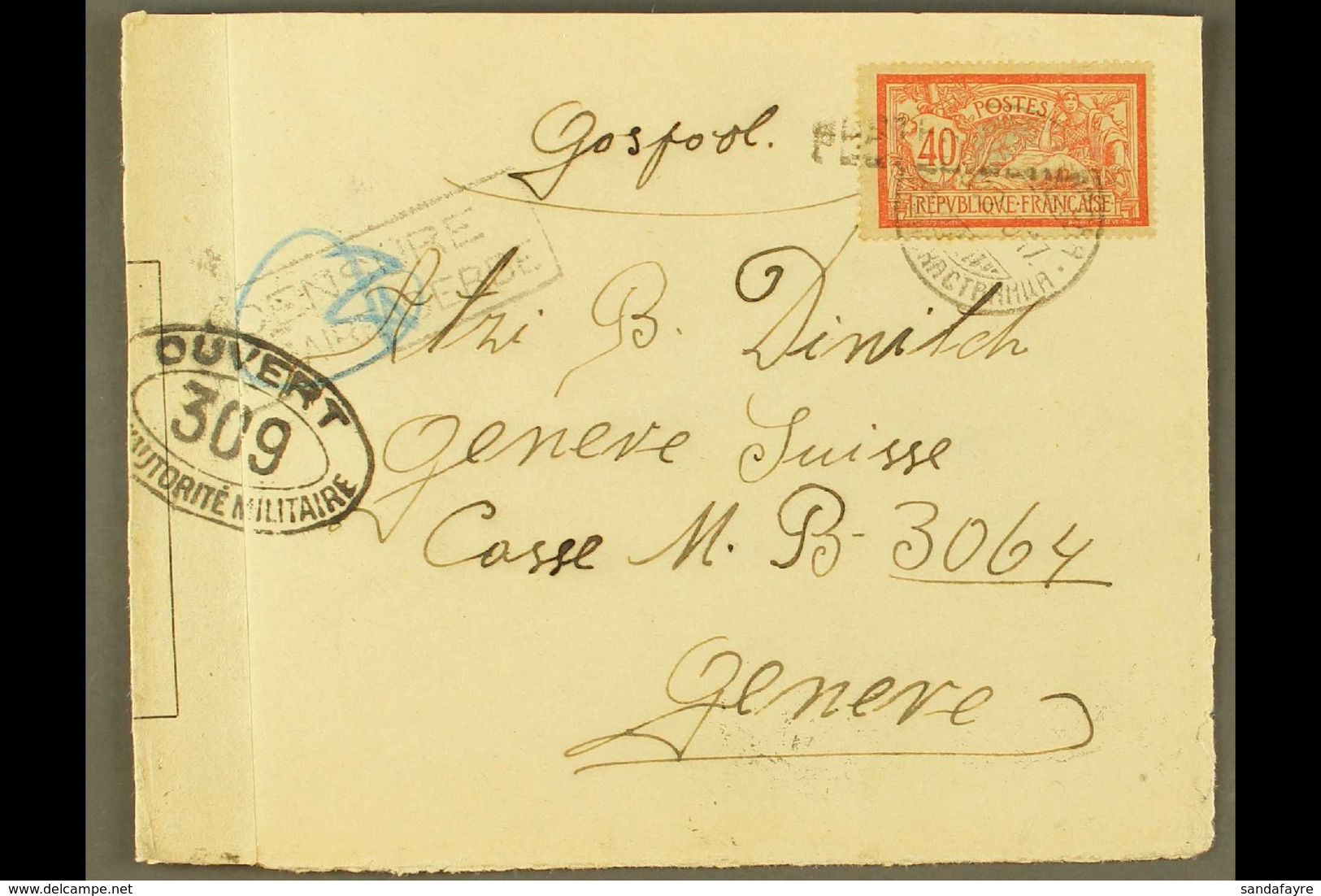 POSTES SERBES COVER 1917 (Dec) censored Cover Addressed To Switzerland, Bearing France 40c Stamp Tied By Serbian Cyrilli - Sonstige & Ohne Zuordnung