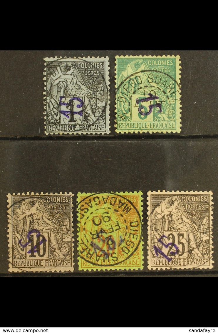 DIEGO SUAREZ 1890 Surcharges Complete Set (Yvert 1/5, SG 1/5), The 15 On 10c With Surcharge Inverted (Yvert 3a) Fine/ver - Sonstige & Ohne Zuordnung