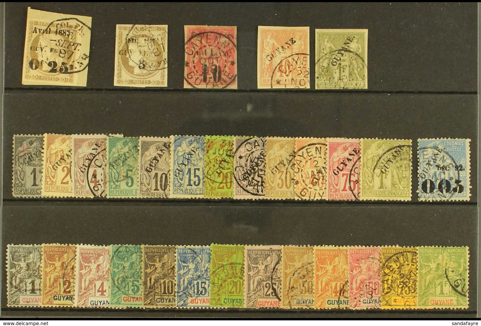 FRENCH GUIANA 1887-92 USED 19TH CENTURY SELECTION Presented On A Stock Card. Includes 1887  0.25 On 30c On Piece, Dec 18 - Altri & Non Classificati