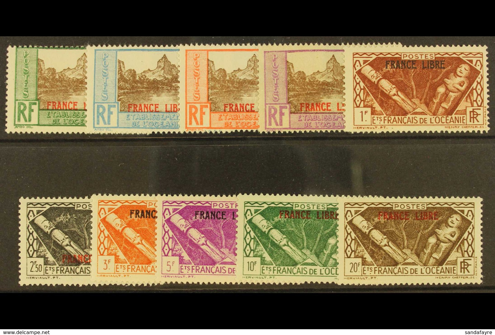 FRENCH OCEANIA 1941 "France Libre" Overprint Set Complete, Yv 140/9, Very Fine Mint. (10 Stamps) For More Images, Please - Sonstige & Ohne Zuordnung