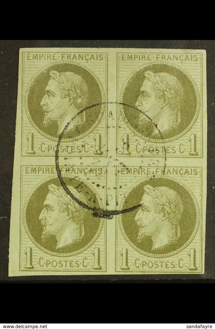 GUADELOUPE 1872 1c Olive Green, Napoleon III, Yv 7, Block Of 4 With Central "Guadaloupe 3 AOUT 72 Pointe A Pitre" Cds, V - Sonstige & Ohne Zuordnung