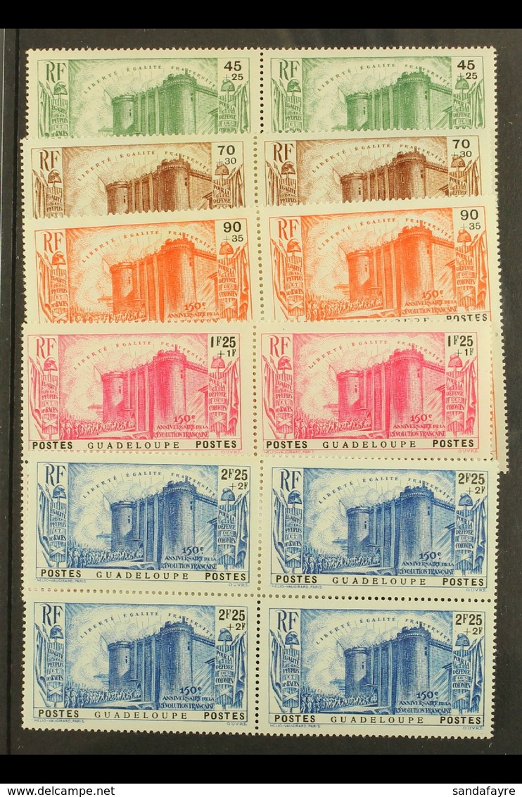 GUADELOUPE 1939 150th Anniv Of The Revolution Set Complete, Yv 142/6, In Superb Mint Blocks Of 4 (3nh, 1 Og). (20 Stamps - Sonstige & Ohne Zuordnung