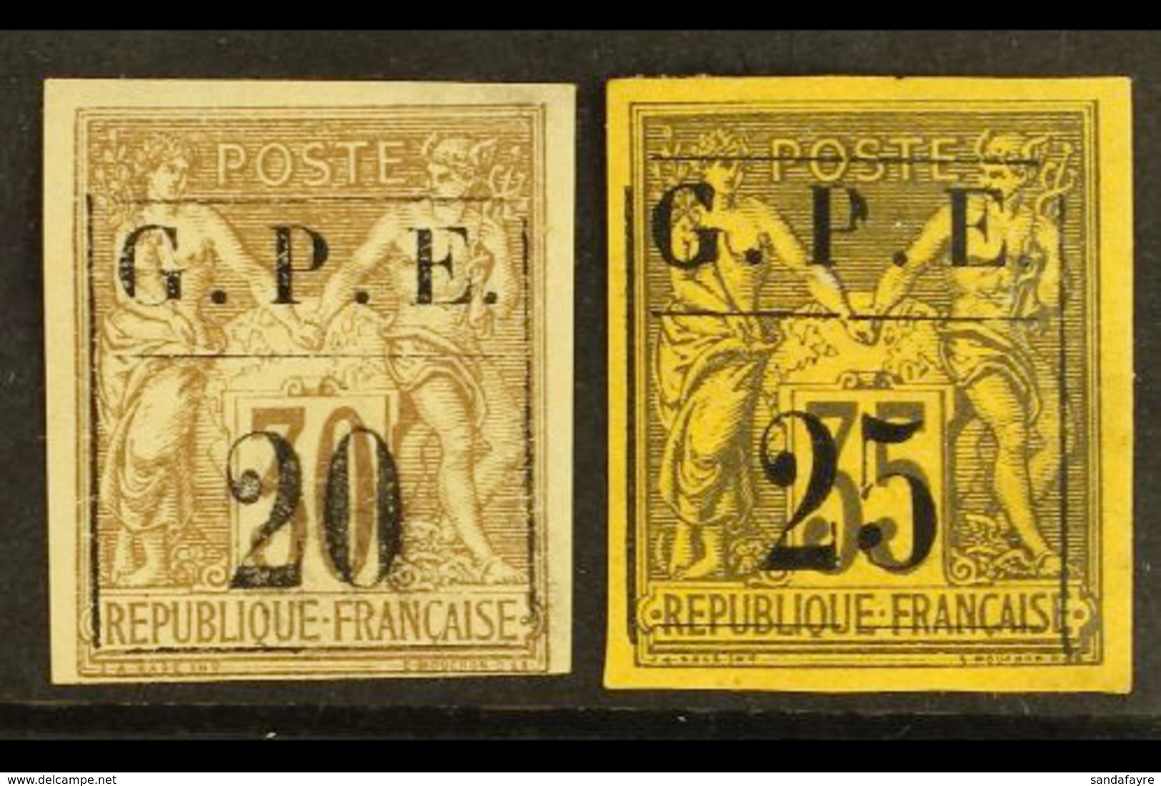 GUADELOUPE 1884 "20" On 30c Brown And "25" On 35c Violet On Yellow, Yv 1 & 2, Very Fine Mint. (2 Stamps) For More Images - Other & Unclassified