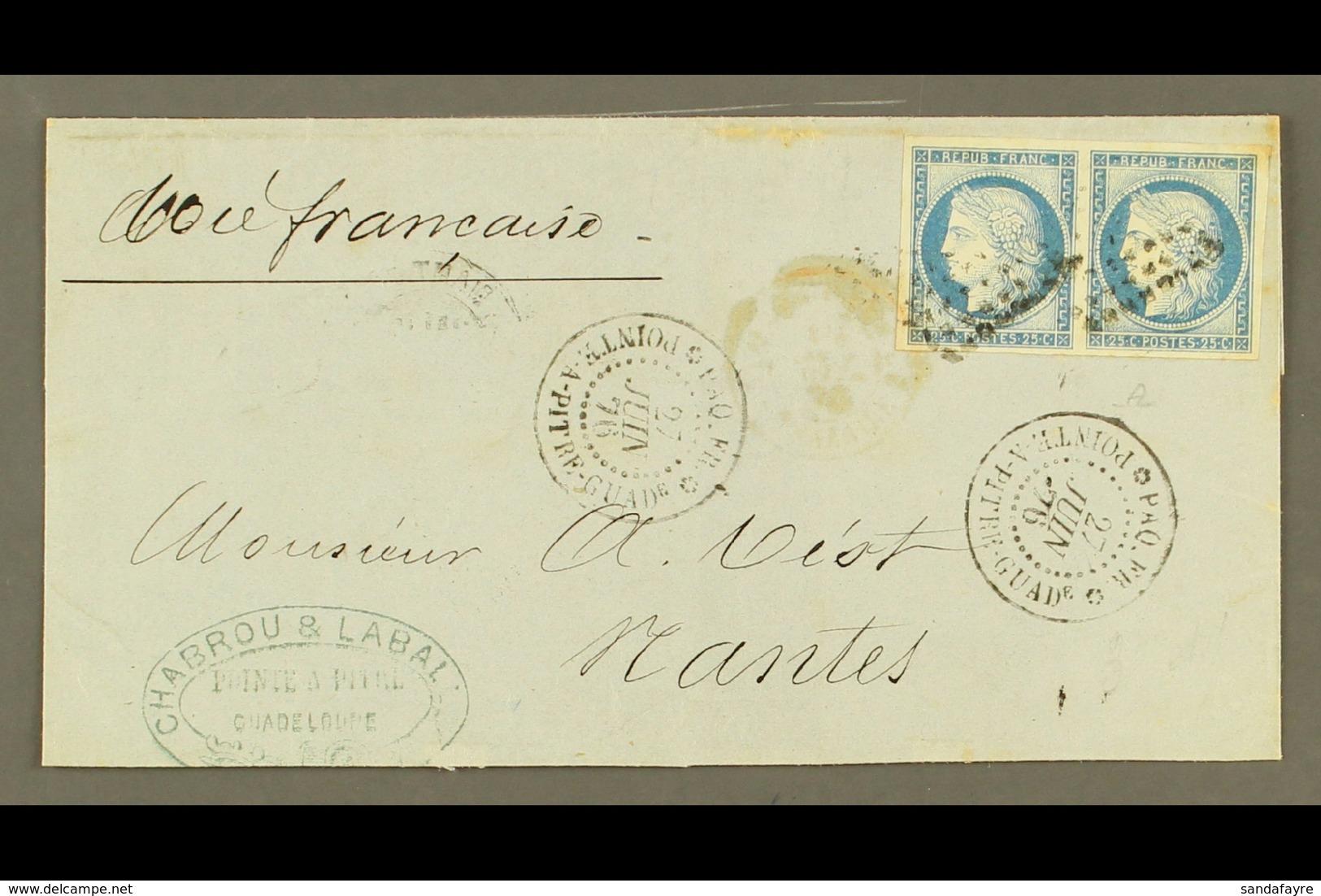 GUADELOUPE 1876 50c Double Rate Cover  (missing Flap) To France Franked 25c Ceres (2) Tied By Dumb Lozenge Cancel With 2 - Sonstige & Ohne Zuordnung