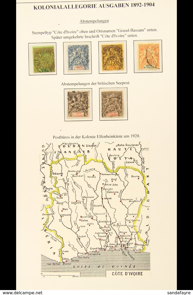 IVORY COAST 1892-1942 Fine Used Group Neatly Displayed On Pages, Includes 1892-99 20c, 25c X2, 40c, And 75c, 1900 25c, 1 - Sonstige & Ohne Zuordnung