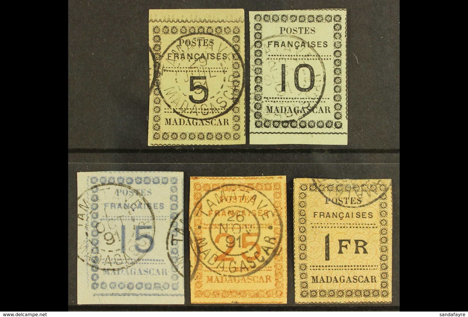 MADAGASCAR 1891 5c To 1f Imperfs On Coloured Paper, Yvert 8/12, Very Fine Used With "Tamatave" Postmarks, Shallow Thin O - Sonstige & Ohne Zuordnung