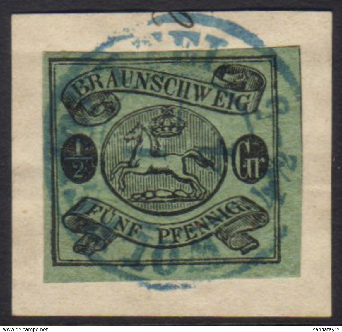 BRUNSWICK 1861-63 ½gr Black On Blue-green, SG 15, Michel 10, Very Fine Used On Piece Tied By Blue Cds Cancel, Four Margi - Other & Unclassified