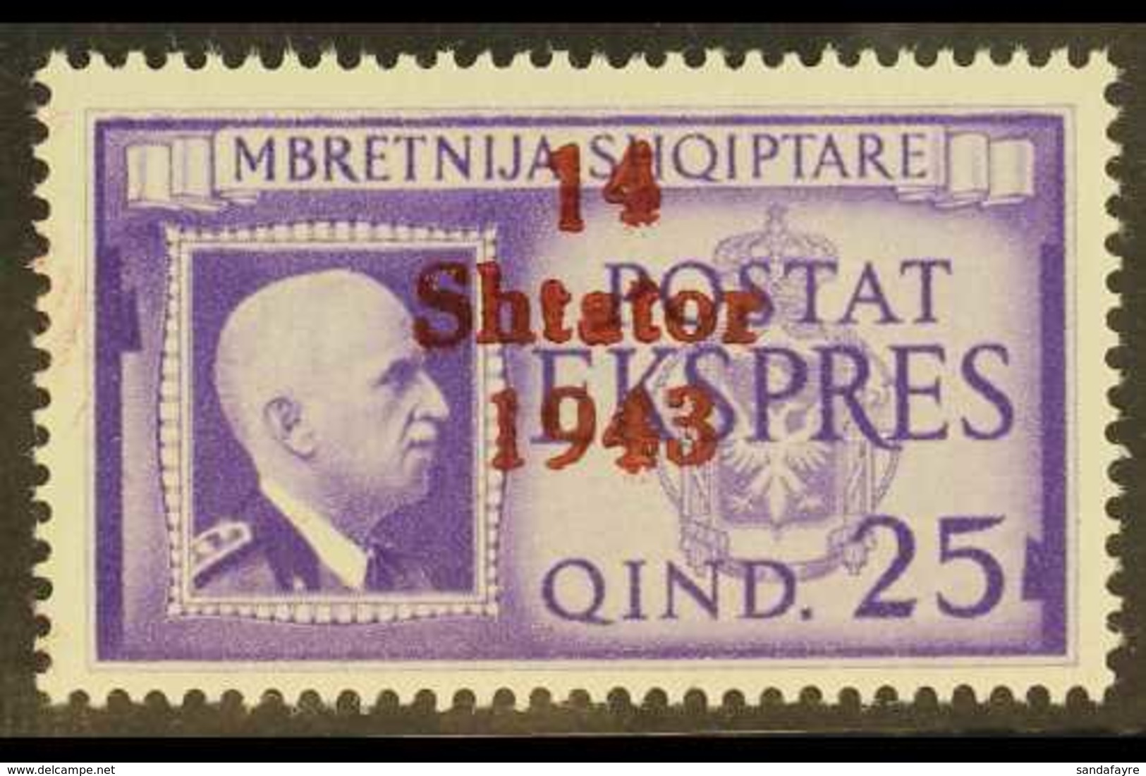 ALBANIA 1943 25q Bright Violet Express Overprint With LONG "1" OF "14" Variety, Michel 14 XIV, Never Hinged Mint, Scarce - Other & Unclassified