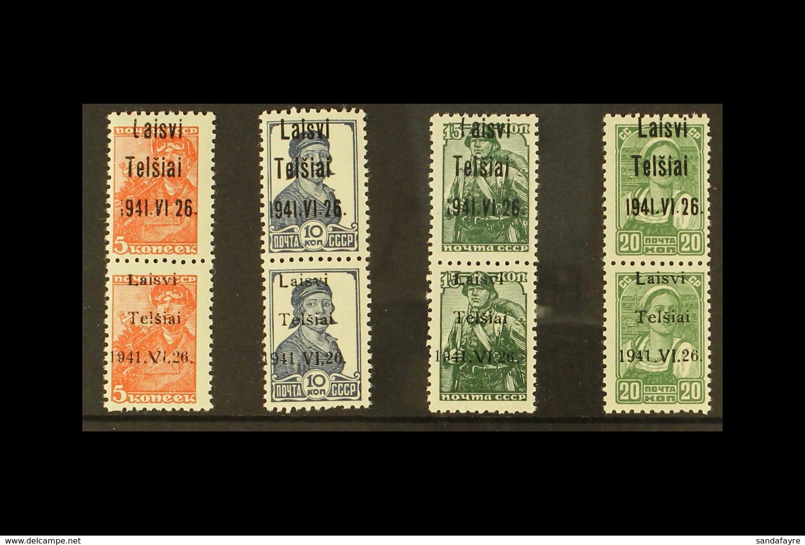 LITHUANIA 1941 Telschen Overprints Types I & III In Vertical Pairs On 5k, 10k, 15k And 20k, Mi 1/4I & III, Very Fine NHM - Sonstige & Ohne Zuordnung