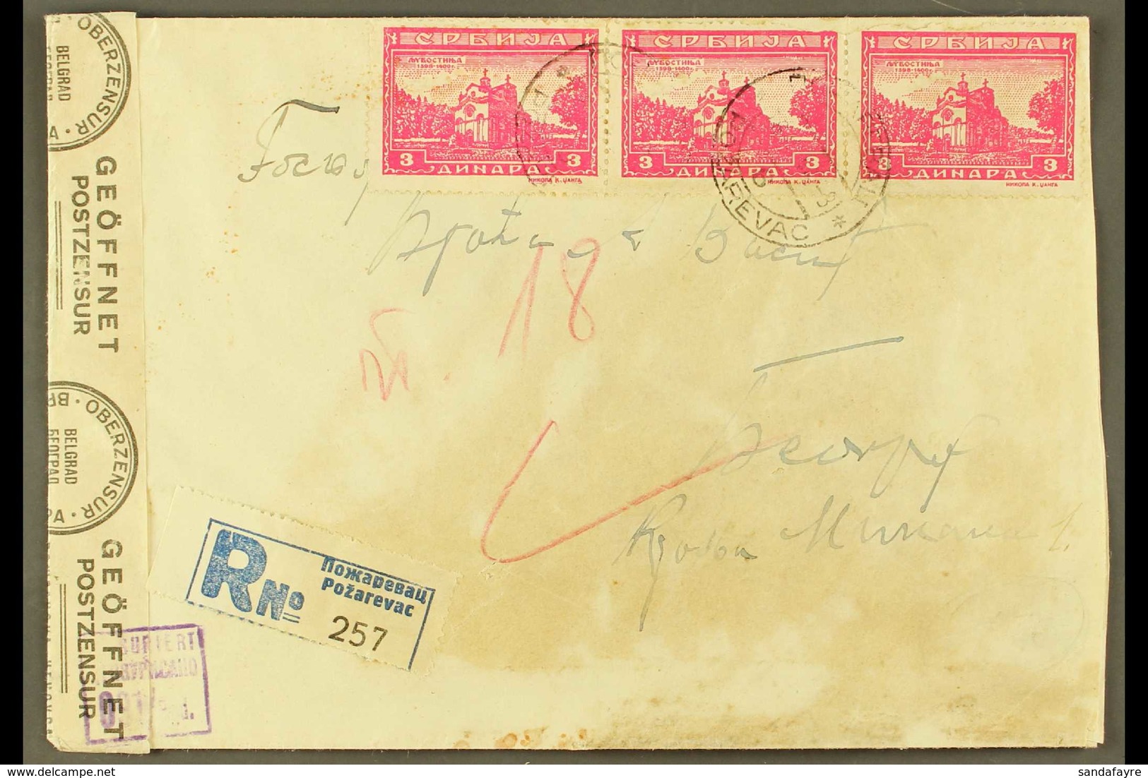 SERBIA 1943-1944 CENSORED COVERS & CARD, Includes 1943 Registered Cover Bearing Official 3d Strip Of 3, Two Covers (one  - Sonstige & Ohne Zuordnung