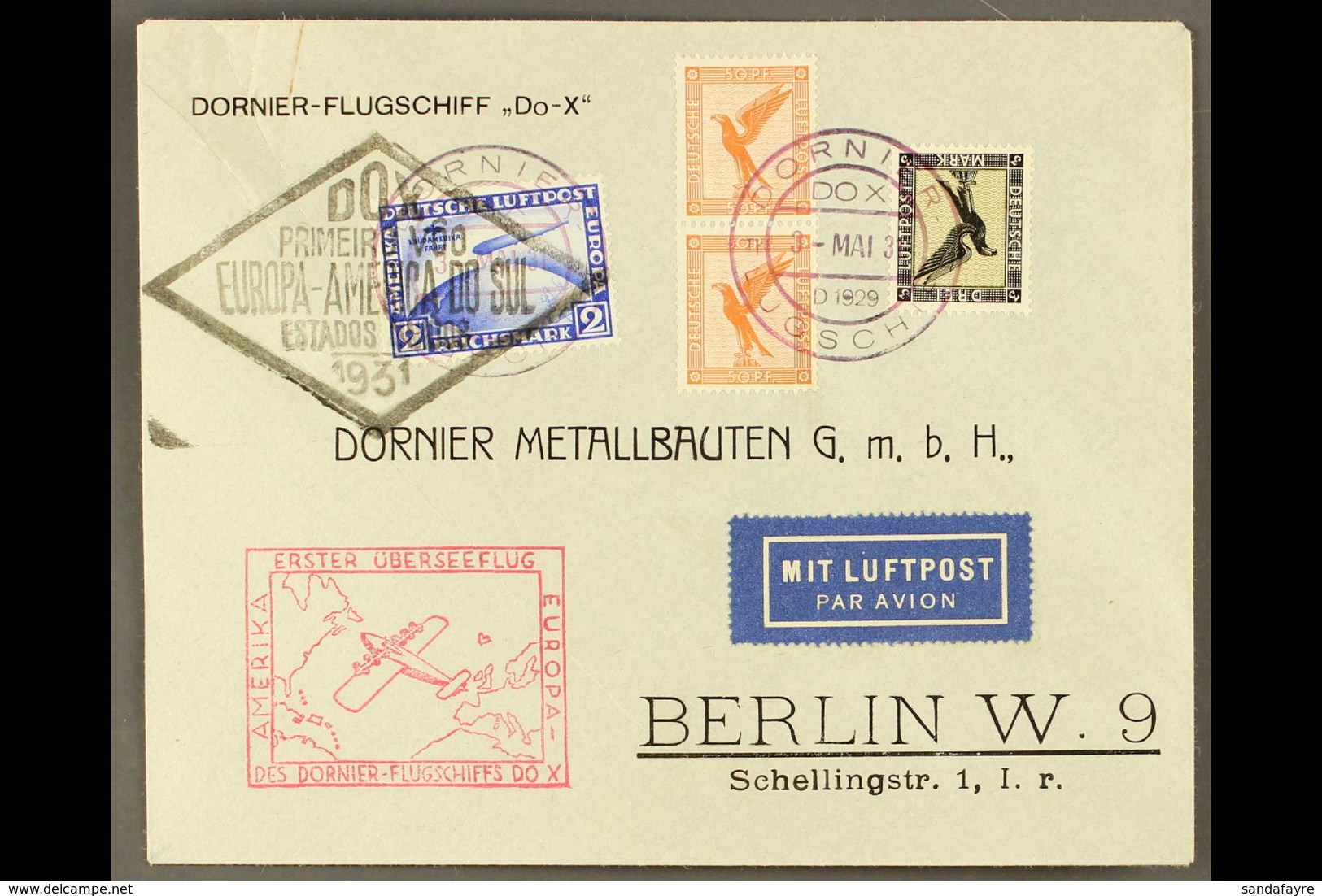 1931 1st DORNIER DO - X Flight Europe - South America, Cover Franked Air "Eagle" 50pf Pair And 3Mk Plus Zeppelin 2Rm Sou - Sonstige & Ohne Zuordnung