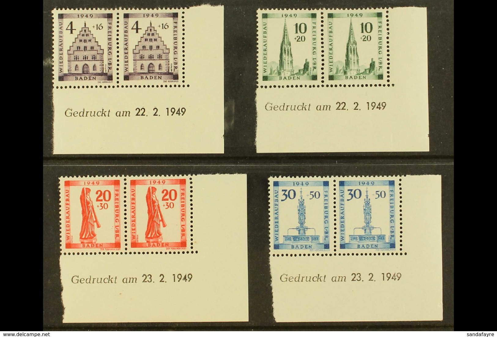 FRENCH ZONE BADEN 1949 Reconstruction Complete Set (Michel 38/41 A, SG FB38/41), Superb Never Hinged Mint Lower Right Co - Sonstige & Ohne Zuordnung