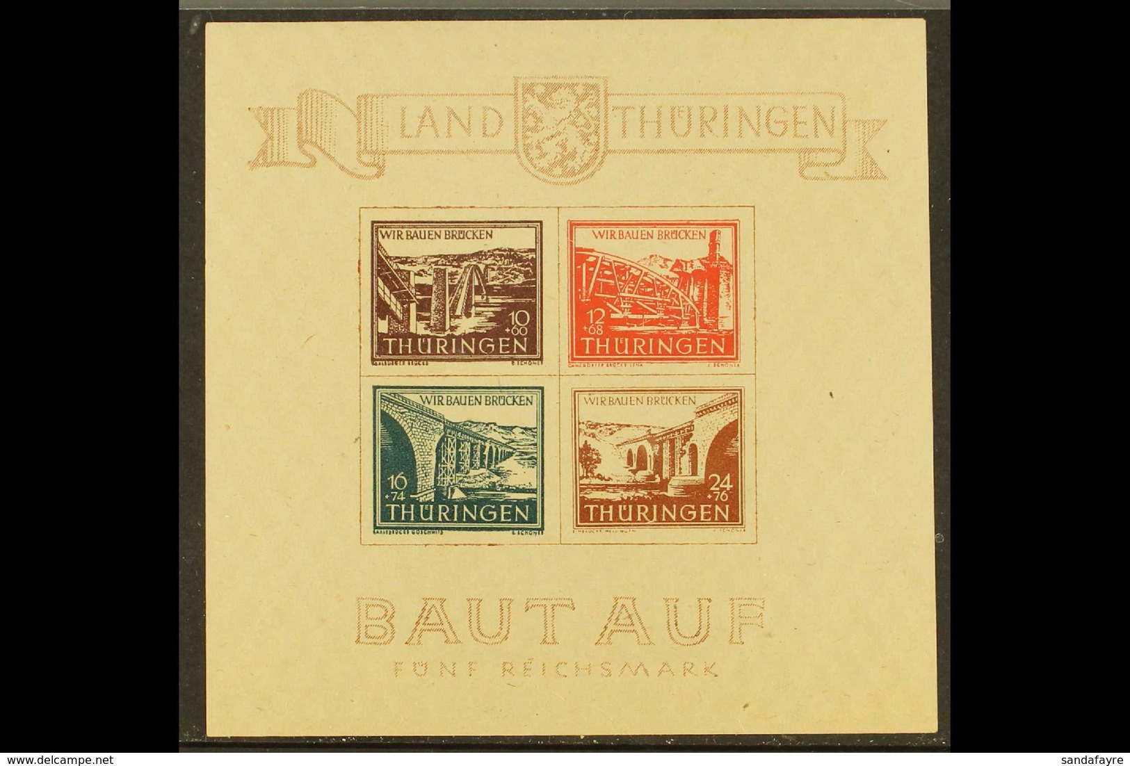 THURINGIA 1946 Bridges Type III Mini-sheet (Michel Block 4 I/III, SG MSRF17), Never Hinged Mint, Fresh. For More Images, - Sonstige & Ohne Zuordnung