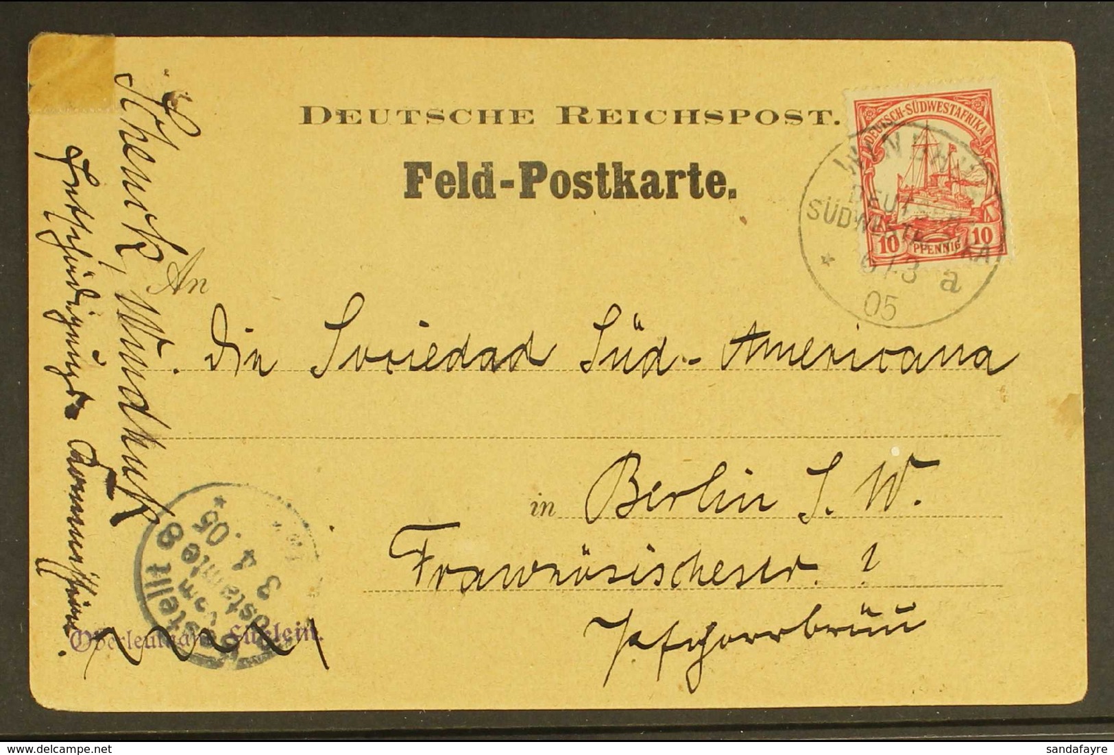 SOUTH WEST AFRICA 1905 (6 Mar) Printed 'Feld-Postkarte' Postcard Addressed To Berlin, Bearing 10pf Yacht Stamp Tied By " - Sonstige & Ohne Zuordnung